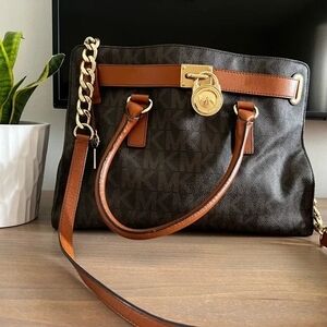 Michael Kors Brown and Tan Monogram Shoulder Bag with Gold Hardware